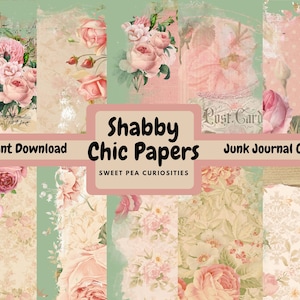 Shabby Chic Papers, Digital, Download, Printable, Junk Journal Supplies, Ephemera, Collage, Mixed Media, Pink, Green, Roses, Junk Journal