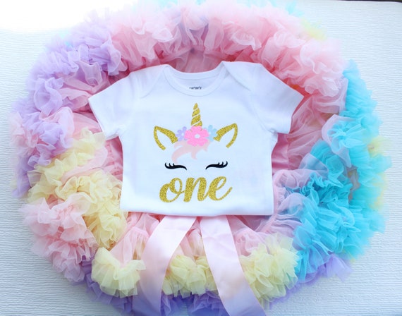 Custom Girl 1st First Birthday Tutu Skirt Unicorn Outfit Rainbow Cake Smash Set