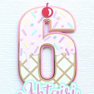 ANY AGE Ice Cream Cake Topper with Name, Sweet Sassy and Six Theme