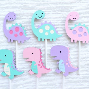 Girl Dinosaur Cupcake Toppers in Pink, Purple, Aqua, Dinosaur Party