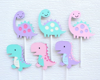 Girl Dinosaur Cupcake Toppers in Pink, Purple, Aqua, Dinosaur Party