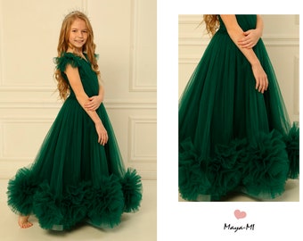 Girl green dress, ball tulle skirt dress, birthday party gown, flamenco flower girl dress