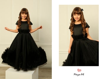 Girl black dress, flamenco flower girl dress, ball tulle skirt dress, birthday party evening gown