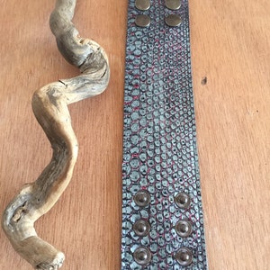 Op de afbeelding: Een brede, getextureerde armband met een teal en rood slangenpatroon en zes metalen drukknoopsluitingen. Een stuk drijfhout ligt naast de armband op een houten oppervlak. De armband is ongeveer 5 cm breed.