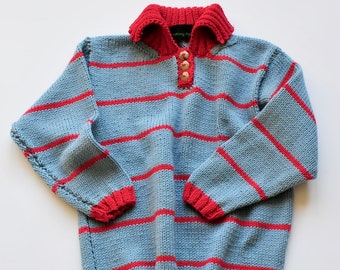 Blue jersey with red stripe, cooking apple, knitwear