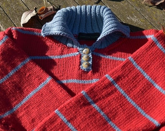 Cotton, hand-knitted, button-necked jersey in red with sky blue stripes, cooking apple, knitwear