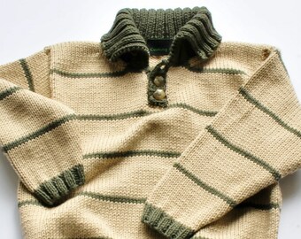 Fawn cotton, hand-knitted, button-necked jersey with moss green stripes, cooking apple, knitwear