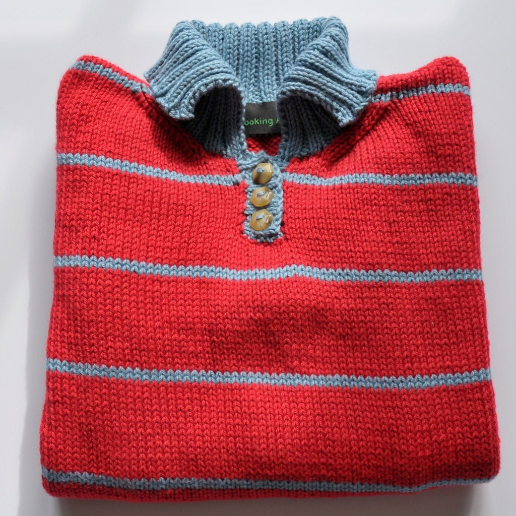 Cotton handknitted buttonnecked jersey in red with sky Etsy