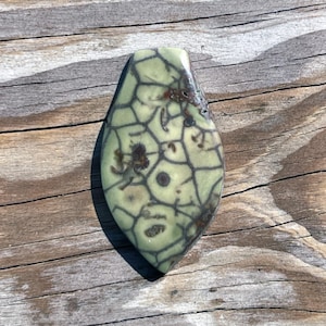 May include: A teardrop-shaped gemstone with a light green base and a dark, web-like pattern. The stone has brown and dark spots and is set against a weathered wood background. The gemstone is likely for jewelry making.