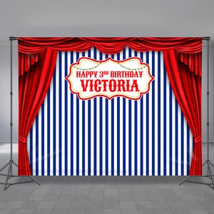 Circus Birthday Backdrop, Red Curtain, Carnivals background, Custom Decoration, Vertical Stripe Line, Kids Party Theme, Any Size Banner image 1