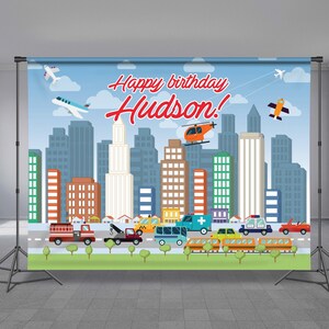 Transportation Birthday Backdrop, Police Ambulance, Truck Taxi, Helicopter, Airplane, Train, City Skyline, Buildings Towers, Any Size Banner
