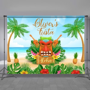 May include: A tropical themed backdrop with a tiki mask, palm trees, pineapples, and the text "Oliver's Fiesta" in a cursive font. The backdrop is perfect for a luau or Hawaiian themed party.