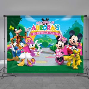 Mouse And Friends Club Entrance, Pink Theme, Birthday Backdrop, Kids Backdrop, Yellow Dog, Ducks, Colorful, Any Size Banner