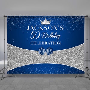 50th Birthday Bow Royal Blue Step and Repeat, Crown Backdrop, Sliver Glitter, Editable Colors, Any Occasion, Photo Booth, Any Size Banner