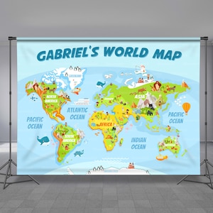 May include: A colorful world map backdrop with a blue background and green continents. The map is labeled with the names of the continents and oceans. The title of the map is "Gabriel's World Map".