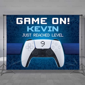 Video Game Controller Birthday Backdrop, Game Zone, Joystick Theme, Digital Game, Universe, Custom Colors, Blue Background, Any Size Banner