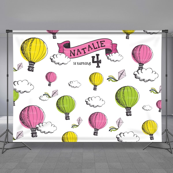Air Balloons Cloud Birthday Backdrop, Pink Yellow Green, Personalized, Welcome Baby, Photo Booth, Editable Photo Background, Any Size Banner