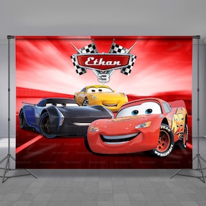 Three Cars, Fast Car, Birthday Backdrop, Cruz Car, Personalized Banner, Race Car Party, Custom Theme, Photo Booth, Any Size Banner
