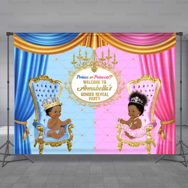 Prince or Princess, Gender Reveal Backdrop, Pink Blue Royal Curtain, Boy or Girl Theme, Medium Skin, He or She, Chandelier, Any Size Banner