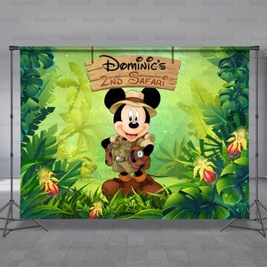 Mouse Safari, Birthday Backdrop, Jungle Rhythm, Adventure Background, Disney Theme, Garden Leaf, Party Photo Booth, Any Size Banner