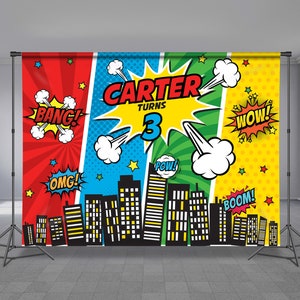 CityScape Superhero Birthday Backdrop, Skyline, Comic Bubbles, Red Blue, Green Yellow, Personalized, Photo Props, Any Size Banner