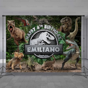 Dinosaurs Birthday Backdrop, Dark Jungle, Boys Party Theme, Personalized, Photo Background, Any Size Banner