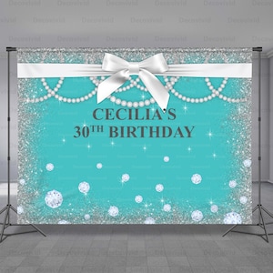Turquoise Ribbon Backdrop, Diamond, Glitter, Birthday, Teal Background, Baby Shower, Bridal Shower, Wedding, Photo Booth, Any Size Banner