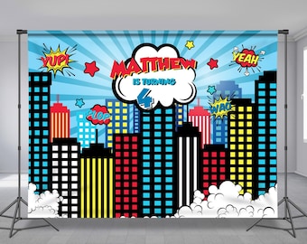 Superheroes Birthday Backdrop, Superhero Cityscape Photography Backdrop, Super Hero City, Personalized, Birthday Banner, Any Size Banner