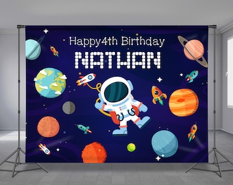 Space Birthday Backdrop, Editable, Astronaut Background, Universe Theme, Planet Decoration, Earth, Rockets, Kid Party Decor, Any Size Banner
