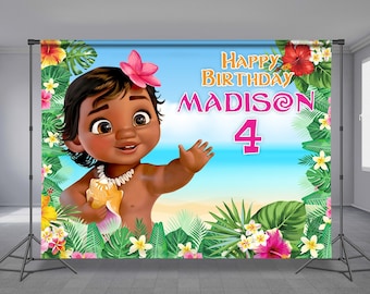 Hawaiian Girl Birthday Backdrop, Custom Theme Party, Baby Shower, Beach Theme, Hawaiian Flower Background, Photo Booth, Any Size Banner