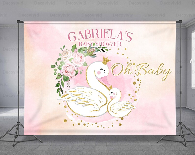Cute Baby Duck and Mom Birthday Backdrop Watercolor Baby Shower Crown Pink Background Flowers Personalized Theme Any Size