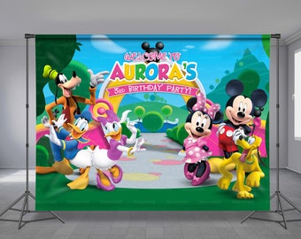 Mouse And Friends Club Entrance, Pink Theme, Birthday Backdrop, Kids Backdrop, Yellow Dog, Ducks, Colorful, Any Size Banner