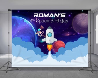 Space Rocket Lunch Birthday Backdrop, Editable, Astronaut Background, Universe Theme, Solar Planet, Earth, Kid Party Decor, Any Size Banner