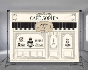 Paris Cafe Backdrop, Eiffel Tower, Elegant Design, Birthday, Bridal Shower, Baby Shower, French Café, Patisserie Theme, Any Size Banner