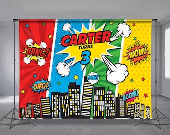 CityScape Superhero Birthday Backdrop, Skyline, Comic Bubbles, Red Blue, Green Yellow, Personalized, Photo Props, Any Size Banner