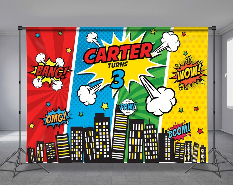 CityScape Superhero Birthday Backdrop Skyline Comic Bubbles Red Blue Green Yellow Personalized Photo Props Any Size Banner