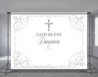 Silver Cross Baptism, Backdrop, Christening, Decorative Holy Theme, God Bless, Communion, Religious Event, Personalized, Any Size Banner