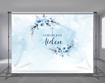 Baptism Christening Backdrop, Holy Baby Boy Theme, Blue Floral Frame, God Bless, Communion, Religious Event, Personalized, Any Size Banner