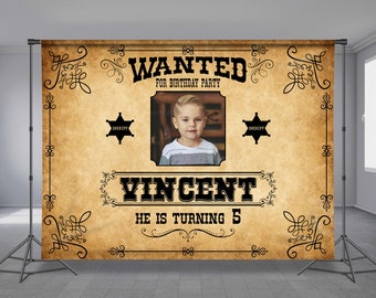 Kids Wanted Poster, Birthday Backdrop, Western Cowboy, Sheriff, Personalized, Photo Replace, Wild West, Vintage Background, Any Size Banner