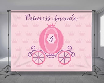 Princess Carriage, Birthday Backdrop, Pink Background, Princess Crown, kids luxury Event, Royal Princess, photo props, Any Size Banner