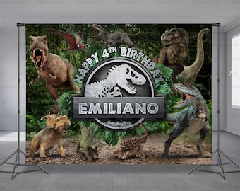 Dinosaurs Birthday Backdrop, Dark Jungle, Boys Party Theme, Personalized, Photo Background, Any Size Banner