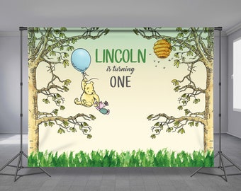 Little Yellow Bear Classic Birthday Backdrop, Kids Birthday Theme, Balloon, Bee Hive on Tree, Birthday Party, Personalized, Any Size Banner