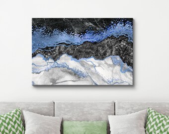 White Black Blue Wall Art, Abstract Art, Marble Canvas, Wall Framed Decor, Contemporary Modern Print, Room Wall Art, Wall Hanging Canvas,