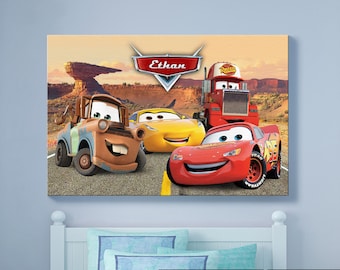 Car Mounted Canvas Print, Kids Bedroom Hanging Wall Art, Gift Idea, Cruz Ramirez, Lightning Mcqueen, Mater, kids Room Decoration