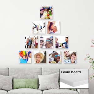 May include: A white foam board with the text "Foam board" printed on it. Nine square photos are displayed on a white wall behind the foam board. The photos feature groups of people, some wearing sunglasses, and some holding drinks.