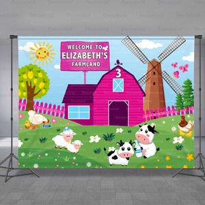 May include: A pink barn with a windmill and a sign that says "Welcome to Elizabeth's Farmland". There are cows, sheep, chickens, and a sun in the background.