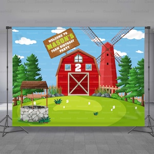 May include: A red barn with a windmill and a well in front of it. The barn has a sign that says "Welcome to Mason's Farm Birthday Party".