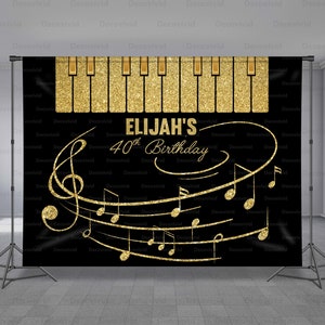 Music Birthday Backdrop, Piano Note Background, Event Music Theme School Banner, Black And Gold Luxury Party, Personalized, Any Size Banner