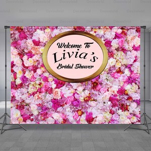 Flowers Backdrop, Rustic Background, Pink Flowers, Floral, Golden Polygon, Baby Shower, Bridal Shower, Photo Booth, Any Size Banner