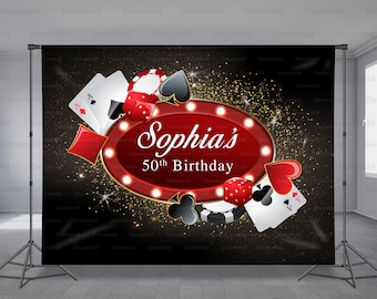 Casino Birthday Backdrop, Glitter Background, Custom Theme, Anniversary, Poker game Cards, Money, Photo Booth, Jackpot, Any Size Banner